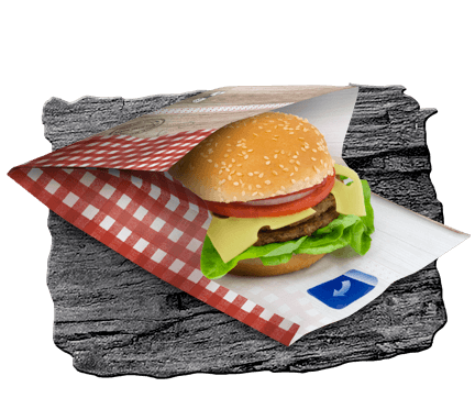 Paper burger packaging with integrated adhesive closure