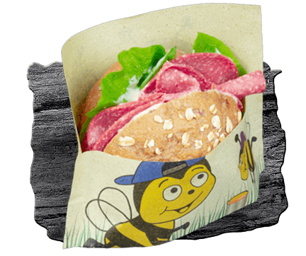 Snacktasche aus Papier gefüllt mit leckeren Kindersnacks für Bäcker und Restaurants