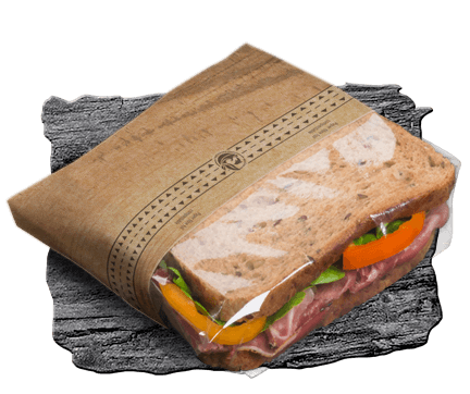 Paper packaging with protective film for halved sandwiches