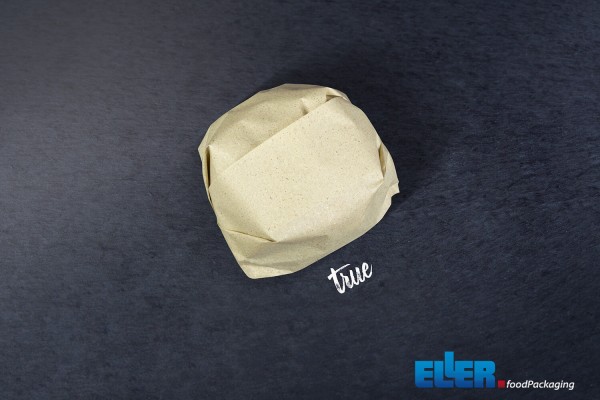 WrappingPaper im true Design verpackt einen Burger mit Sicht aus der Vogelperspektive.